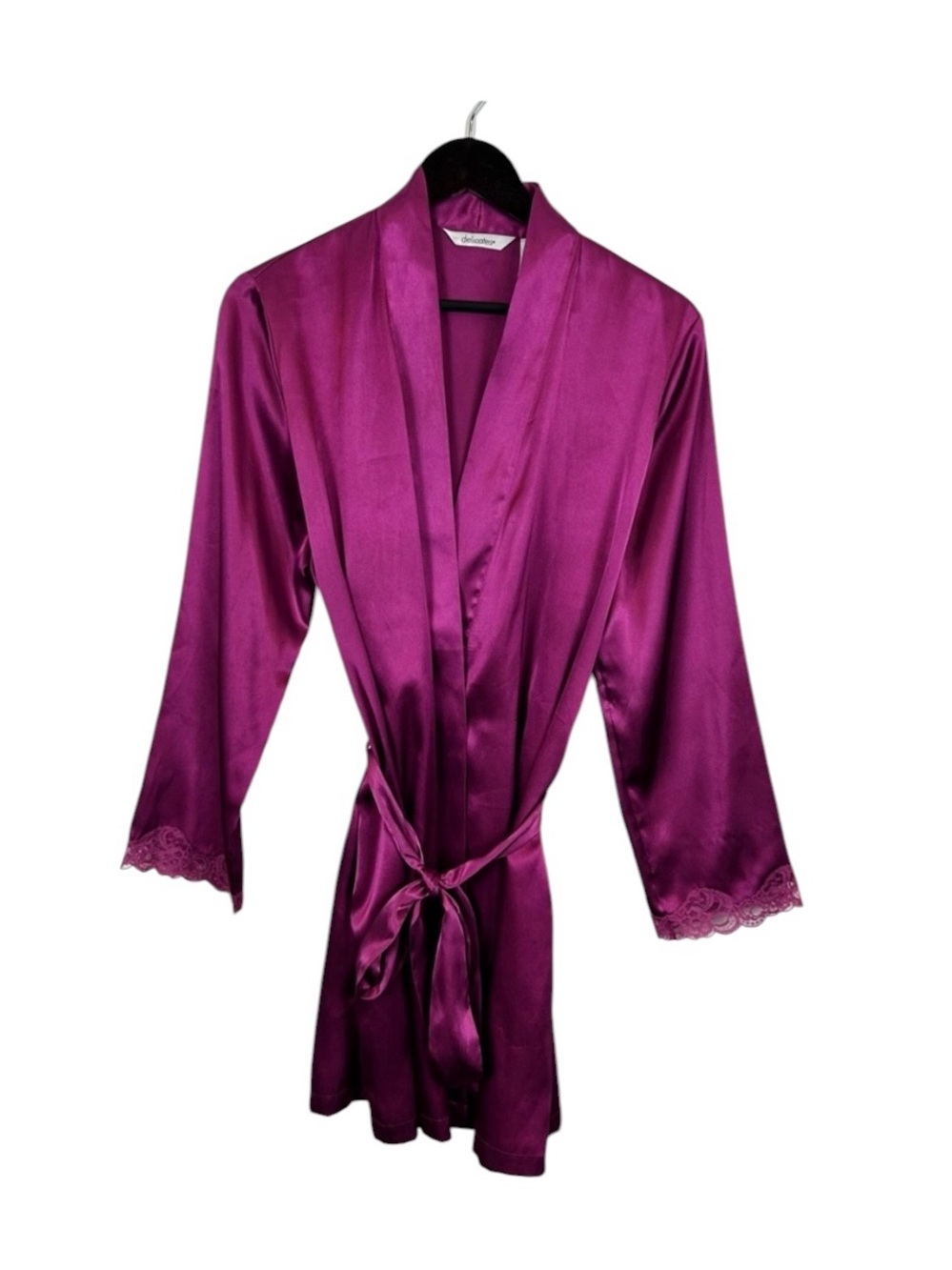 delicates Satiny Robe with Lace Trim Magenta Size Medium